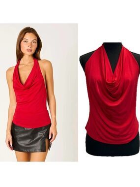 RIPE red draped cowl neck halter top open back Sz XL stretchy spandex NWOT